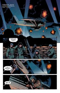 A page from a comic book showing a RAF plane flying through heavy ack-ack fire. An anti air crewman observes the plane through binoculars taking in Karl Fairburne who is lining up a shot....