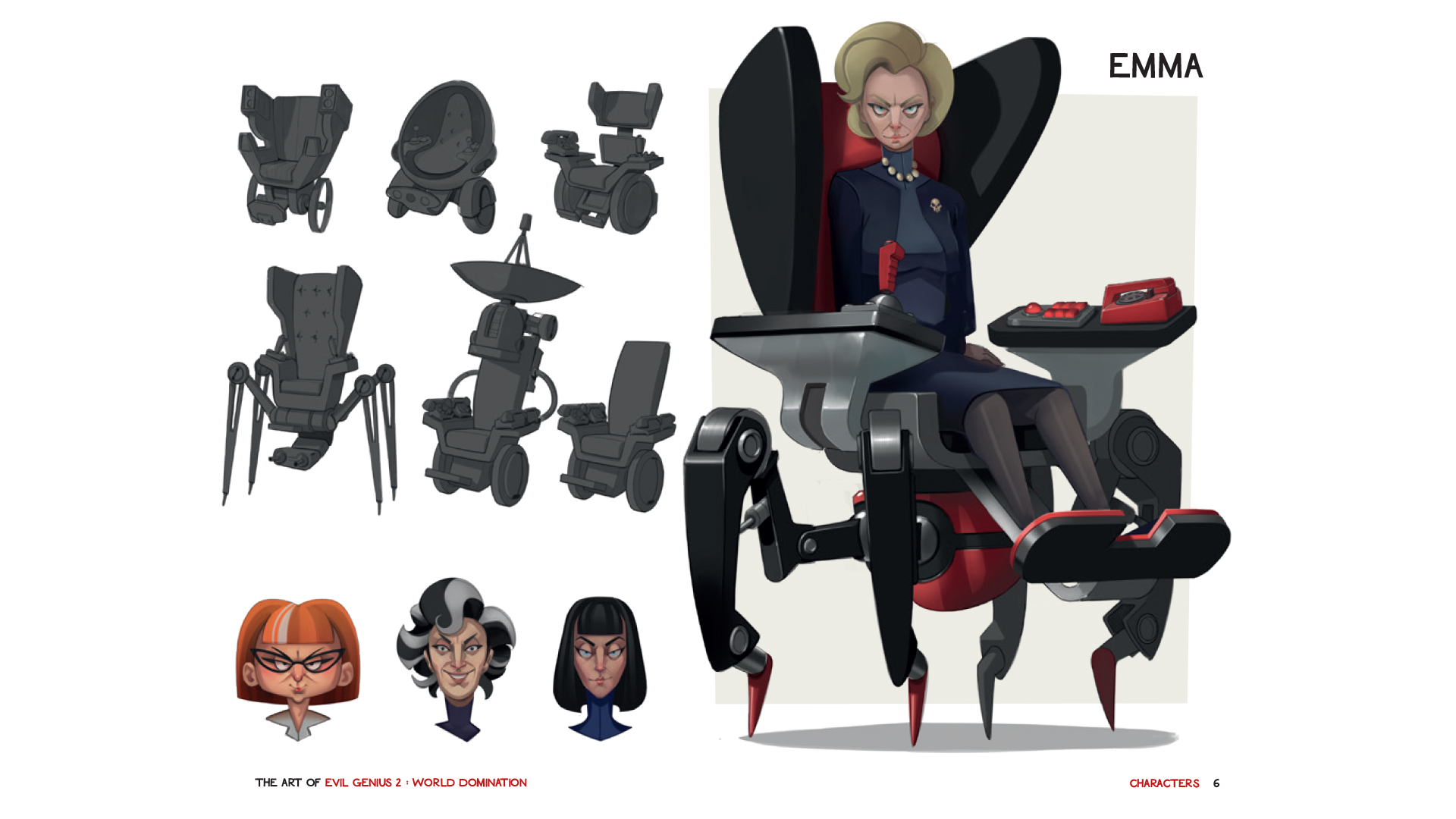 Preview page from the Art of Evil Genius 2 book showing concept art for Emma