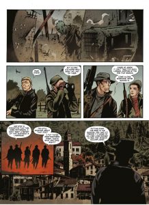 Page from a comic book in which resistance fighters spot an undead soldier and approach an abandoned town while discussing operational proceedure