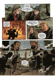A page from a comic book in which resistance fighters discuss the past and present