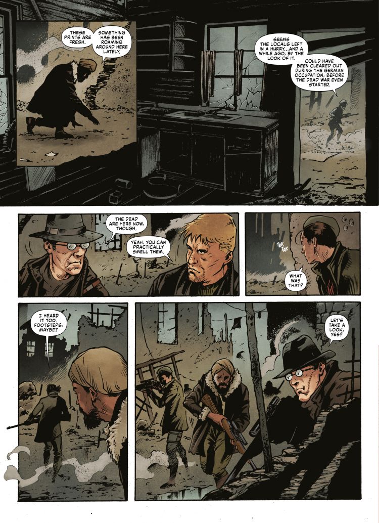 A page from a comic book showing resistance fighters skulking through ruins discussing how the walking dead must be nearby