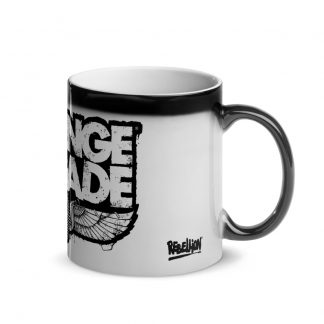 Heat changing mug with Strange Brigade logo reveal in black and white