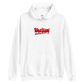 White hoodie with Red Rebellion logo chest centre