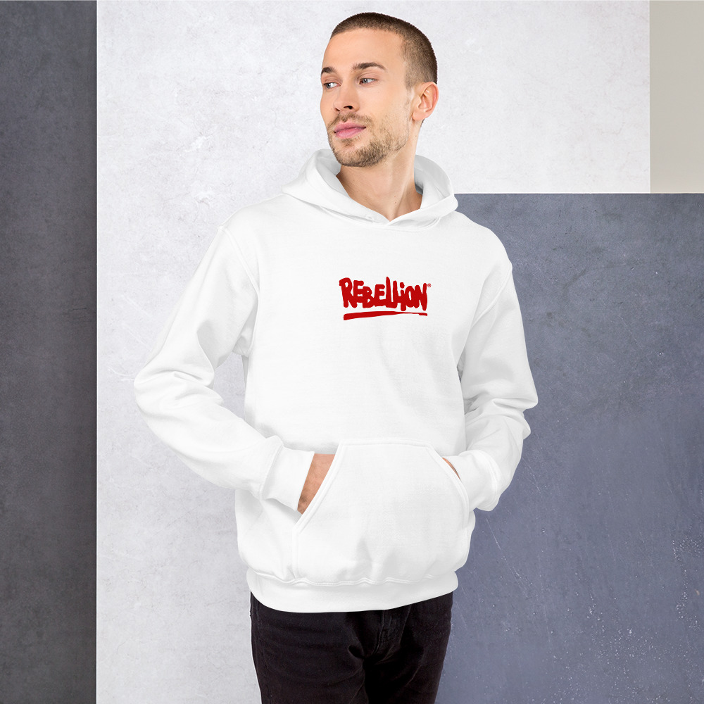 White hoodie with Red Rebellion logo chest centre, worn by model