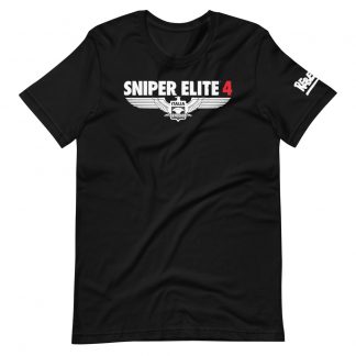 Image of a Black short sleeve T-shirt with a Sniper Elite 4 logo lettered in white, the number 4 is in red, on a black background The word Italia is on the winged Eagal emblem