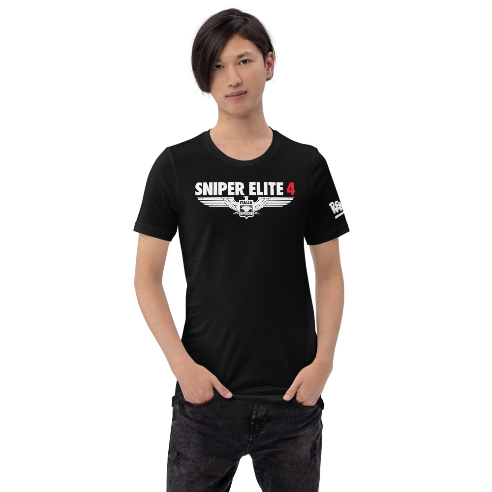 Image of a model wearing a Black short sleeve T-shirt with a Sniper Elite 4 logo lettered in white, the number 4 is in red, on a black background The word Italia is on the winged Eagal emblem