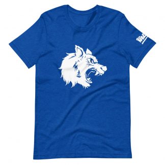 Image of a Blue short sleeve T-ahirt with a white wolf head emblem and the Rebellion logo in white on the right sleeve