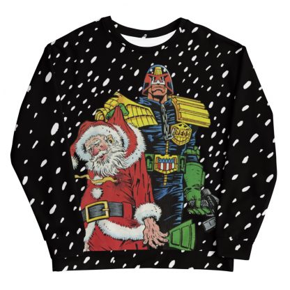 Black jumper with snowy background showing Judge Dredd holding Santa, illustrated by Brett Ewins