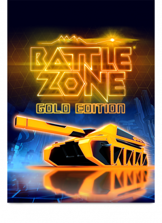 Game cover of Battlezone Gold featuring a gold Cobra tank on neon background