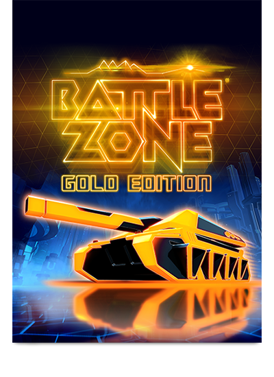 Game cover of Battlezone Gold featuring a gold Cobra tank on neon background