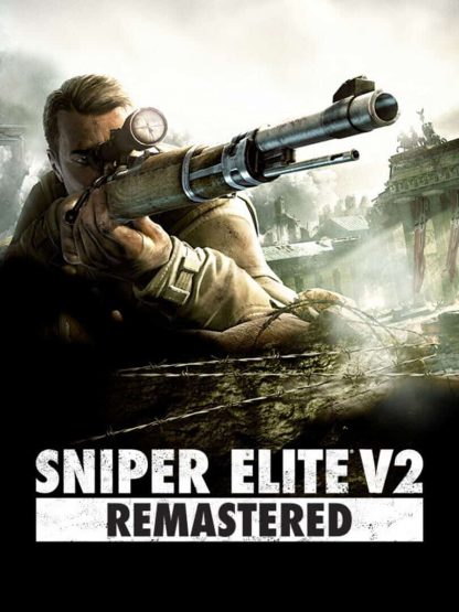 Game cover of Sniper Elite V2 Remastered featuring Karl Fairburne aiming a rifle at a V2 rocket