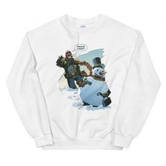 White jumper featuring artwork of Judge Dredd chasing a snowman perps illustrated by Kev Walker