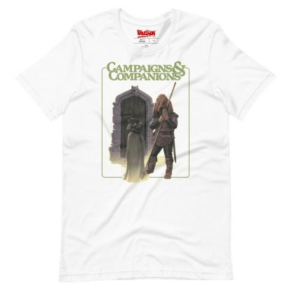 White t-shirt featuring the cover from the book Campaigns & Companions with a fantasy cat and dog
