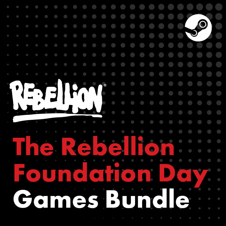 Black square with grey dots featuring the Rebellion logo in white and 