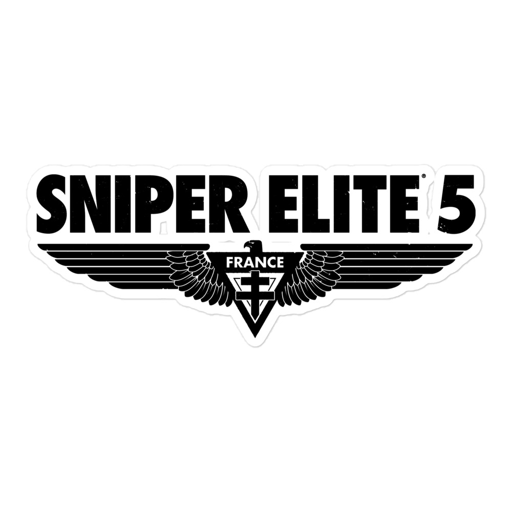 White sticker with the Sniper Elite logo in Black