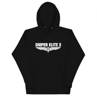 Black hoodie branded with the Sniper Elite logo in white