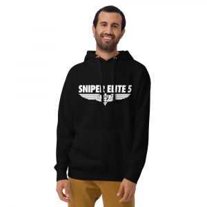 Black Sniper Elite branded hoodie worn by a model