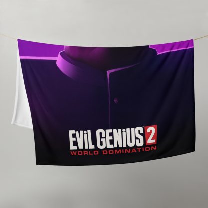 Evil Genius 2 purple throw blanket hanging on a washing line