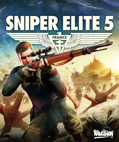 Game cover of Sniper Elite 5 featuring Karl Fairburne landing on the beach on D-Day