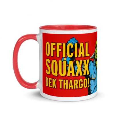 Red coffee mug featuring Tharg The Mighty and branding "Official Squaxx Dek Thargo"