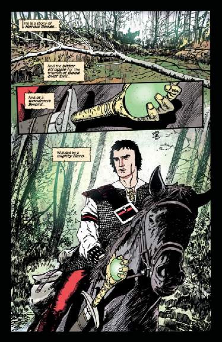 Preview page #1 of Hawk the Slayer 2022 Vol 1. art depicts hawk riding a horse through a forest, the Mind Sword at his side.