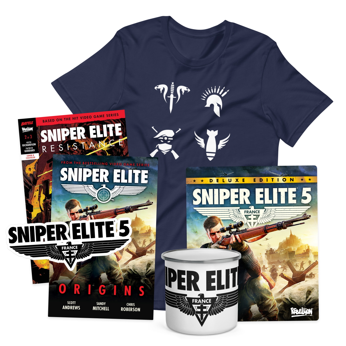 Image of the Sniper elite Overlord bundle contains the Deluxe edition, Sniper Elite Mug, Sniper Elite origins, Sniper Elite resistance and a Sniper Elite 4 factions T-shirt