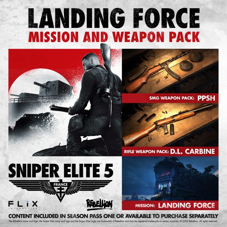 An image showing the contents of the Landing Force DLC for Sniper Elite 5, include PPSH weapon, D.L. Carbine weapon and Landing Force mission