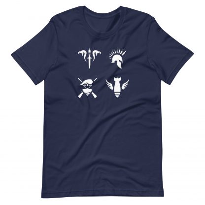 Navy coloured t-shirt featuring icons of the 4 Sniper Elite 5 multiplayer factions