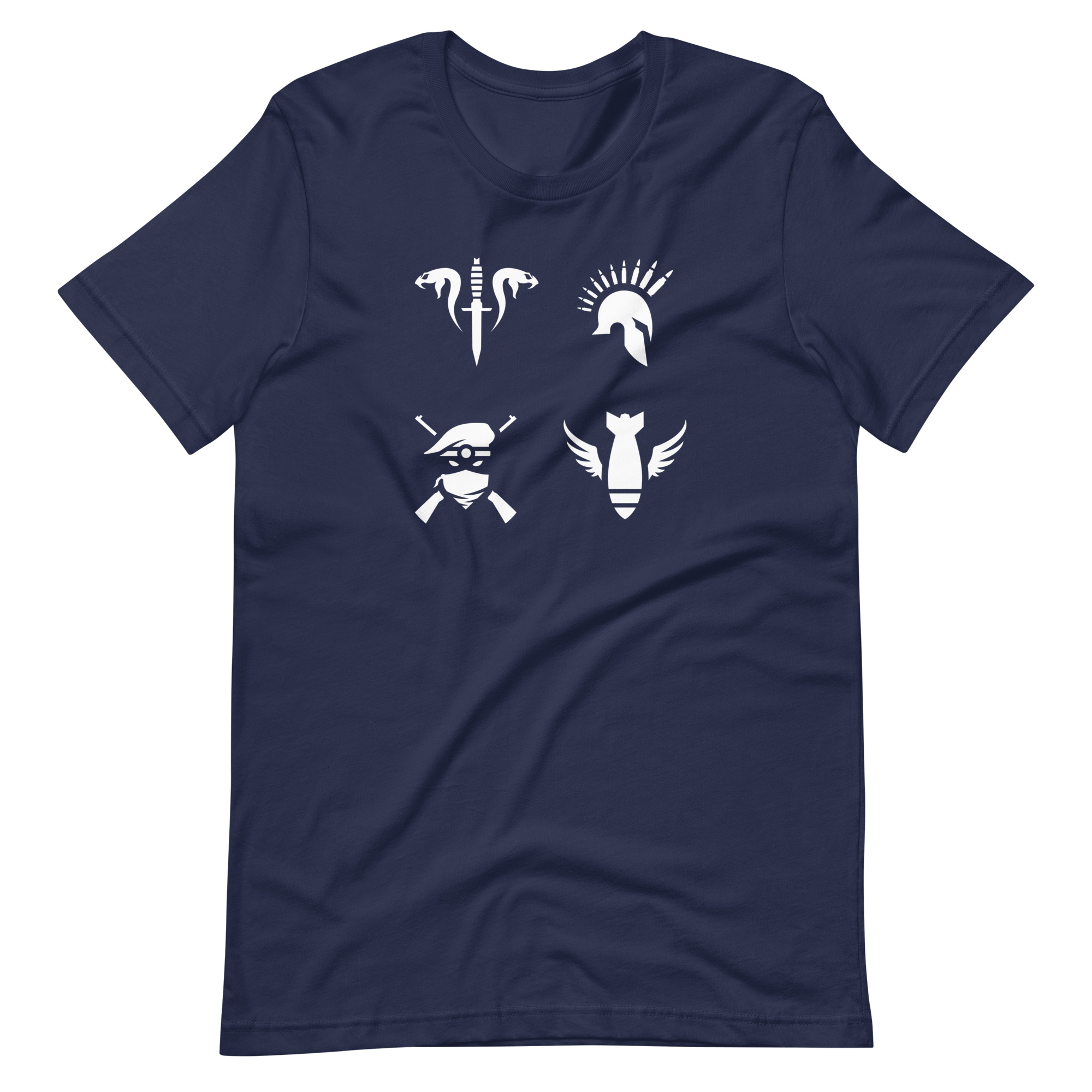 Image of a Navy coloured t-shirt featuring icons of the 4 Sniper Elite 5 multiplayer factions