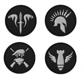 Image of 4 different Sniper Elite 5 black embroidered patches featuring the icons for each multiplayer faction