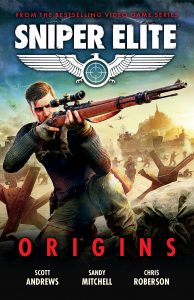 Image of Book cover for Sniper Elite: Origins featuring artwork from Sniper Elite 5 of Karl crouching and aiming a rifle