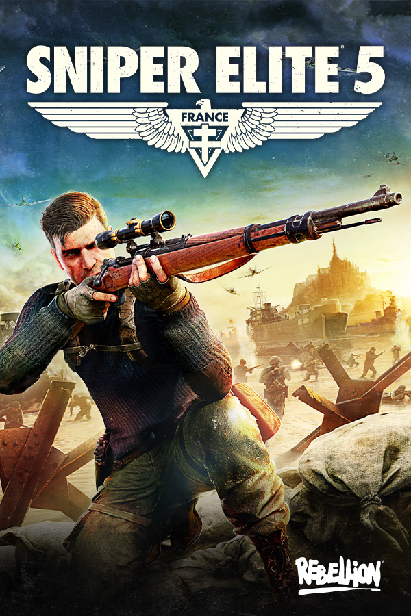 Sniper Elite 5 poster showing Karl Fairburne lining up a shot through his rifle scopes, while allied soldiers, ships and planes storm a beach in the background. Above in white caps are the words 