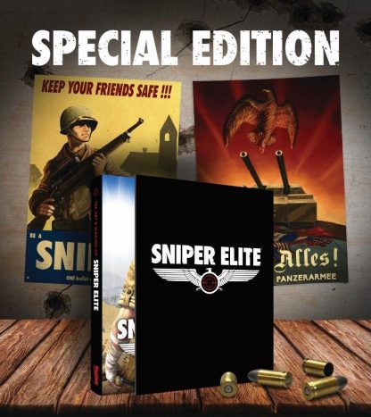 Packshot of Sniper Elite Art Book within a black slipcase, with two propaganda posters in the background