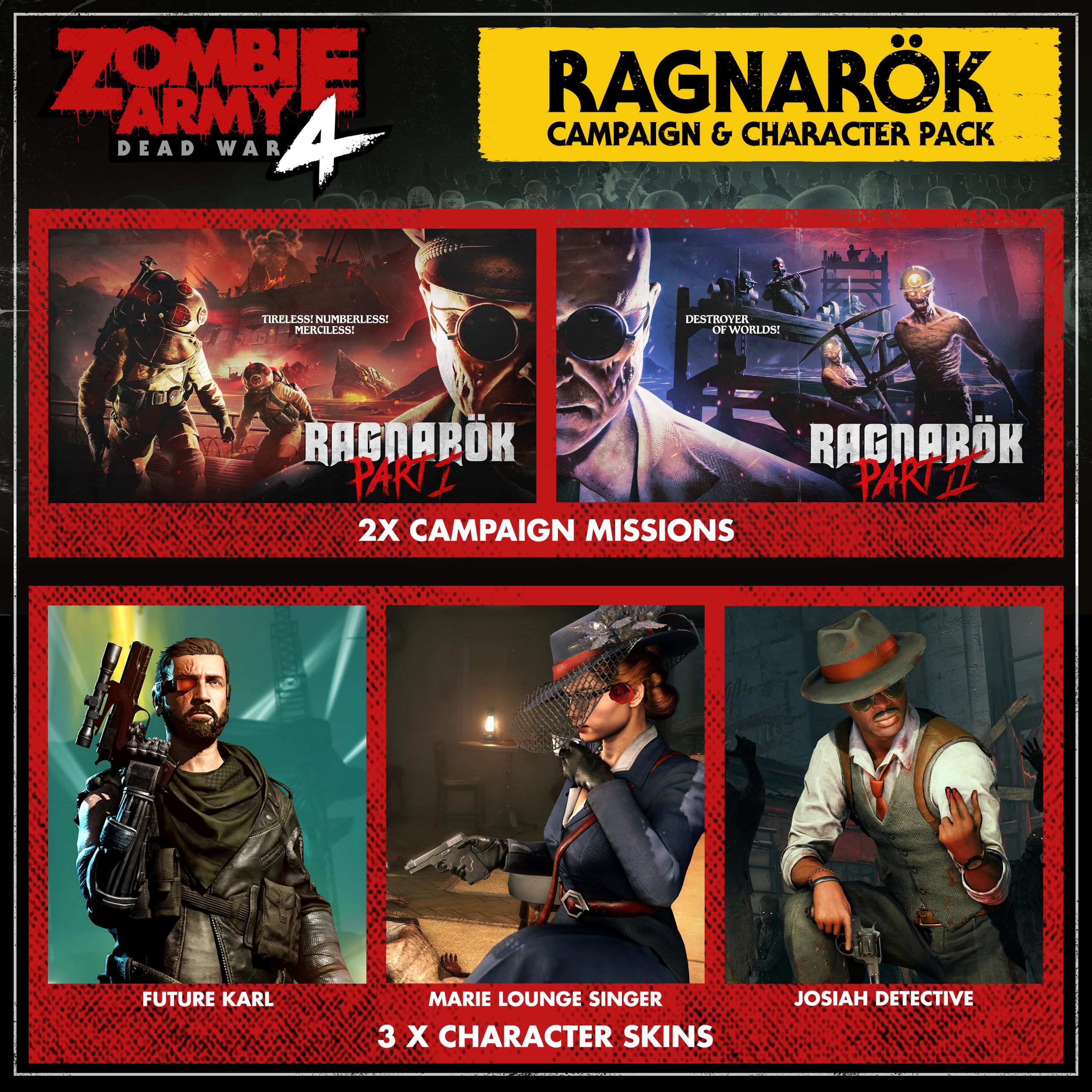 Image of a Zombie Army 4 Ragnarök Campaign & Character Pack featuring part 1 & 2 missions, Future Karl, Marie Lounge Singer and Josiah Detective packs