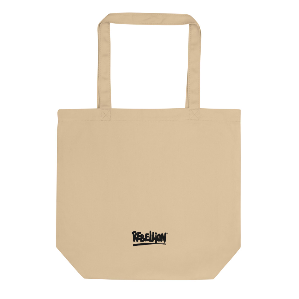 Image of a Eco cotton tote bag in beige with Rebellion logo in black