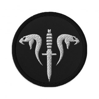 Black embroidered patch with white logo of snakes and dagger