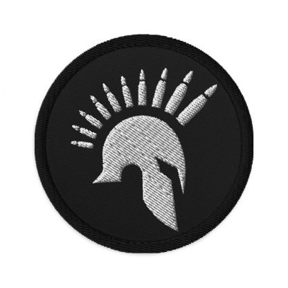 Black embroidered patch with white logo of ancient helmet with bullet Mohican