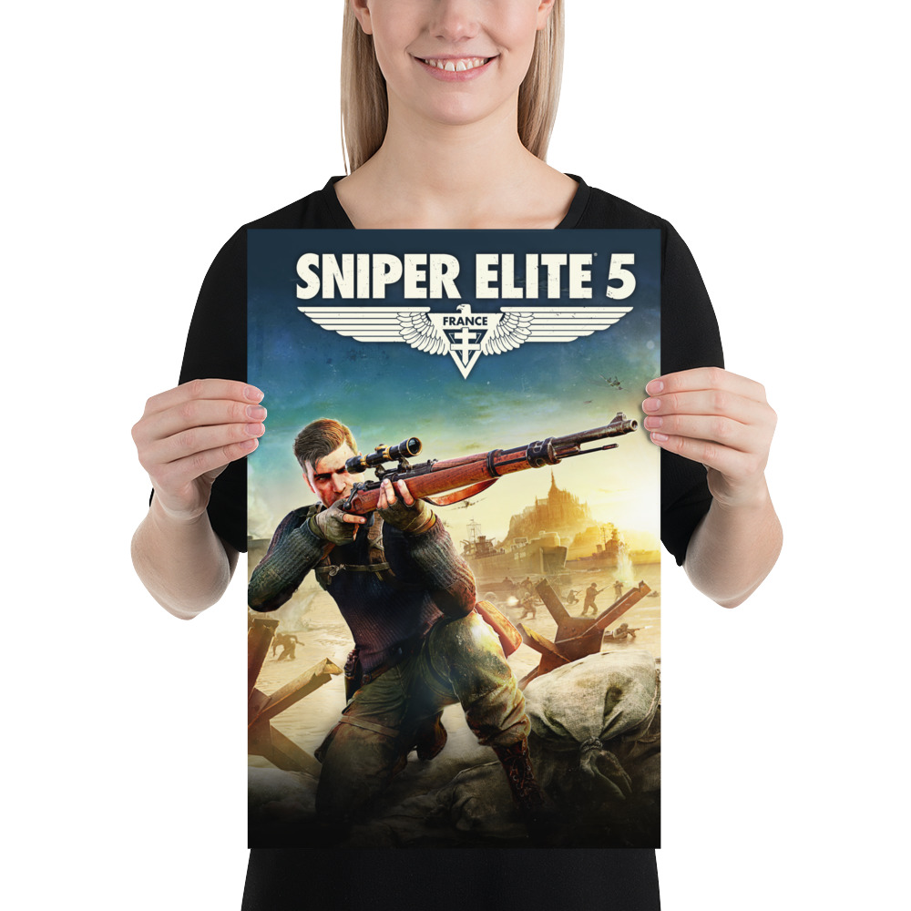 Image of a Sniper Elite 5 cover poster featuring Karl Fairburne in a crouched position aiming rifle
