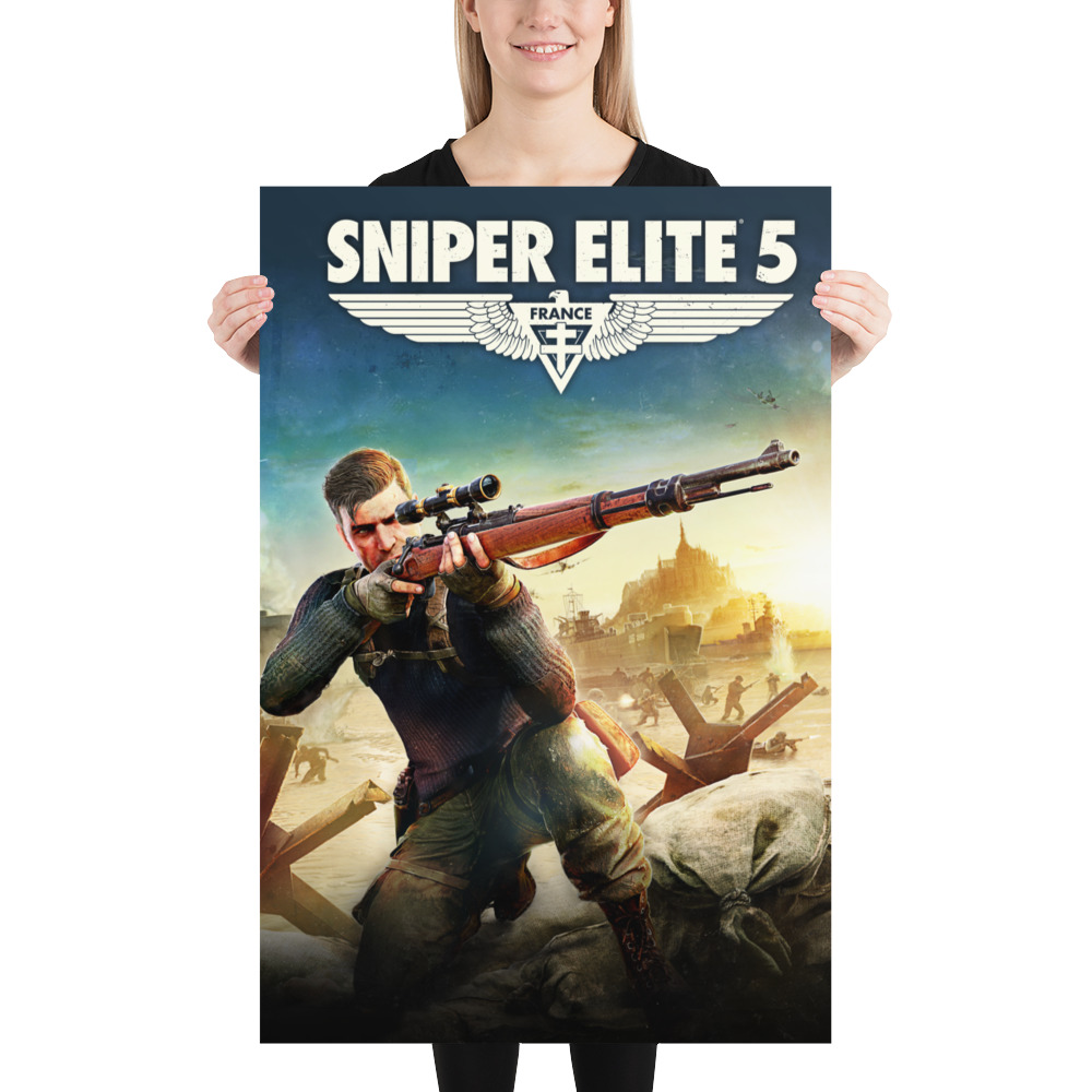 Image of a Sniper Elite 5 cover poster featuring Karl Fairburne in a crouched position aiming rifle