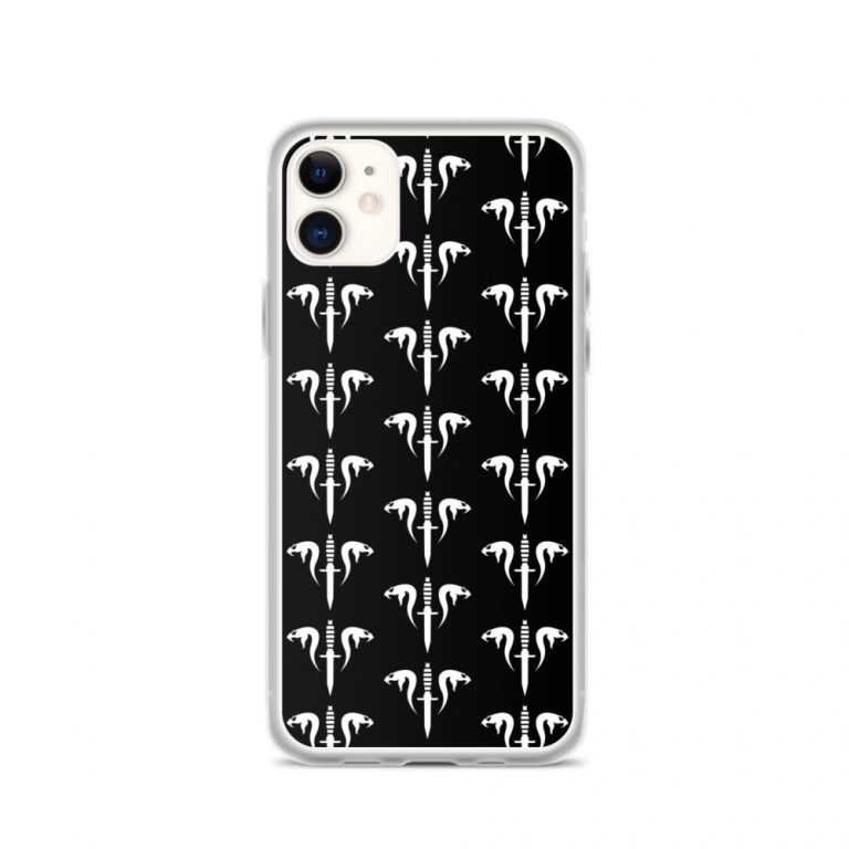 Image of a black Sniper Elite 5 iphone 11 case with the Mercenaries faction emblem going down the case in three rows
