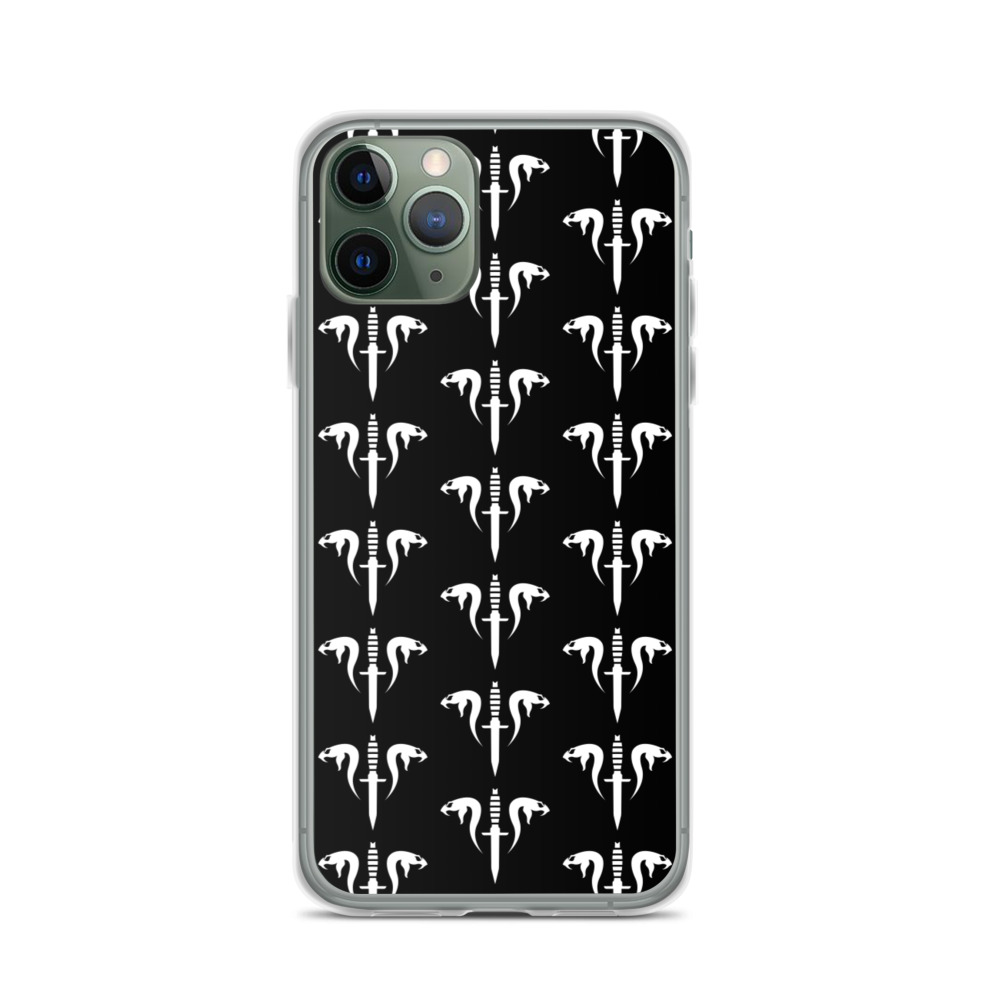 Image of a black Sniper Elite 5 iphone 11 pro case with the Mercenaries faction emblem going down the case in three rows