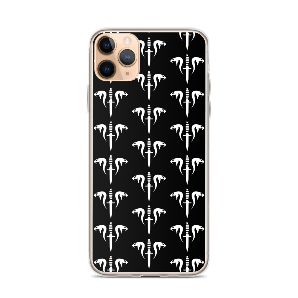 Image of a black Sniper Elite 5 iphone 11 pro max case with the Mercenaries faction emblem going down the case in three rows