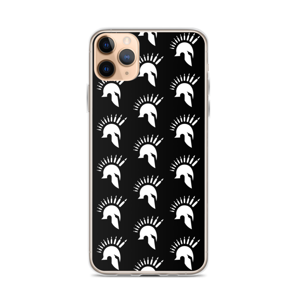 Image of a black Sniper Elite 5 iphone 11 pro max case with the Warriors faction emblem going down the case in three rows