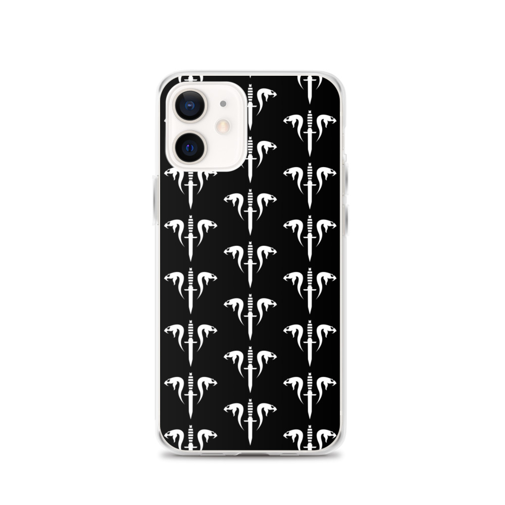 Image of a black Sniper Elite 5 iphone 12 case with the Mercenaries faction emblem going down the case in three rows