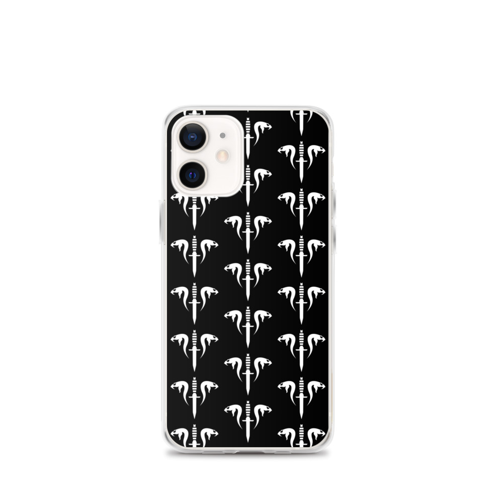 Image of a black Sniper Elite 5 iphone 12 mini case with the Mercenaries faction emblem going down the case in three rows