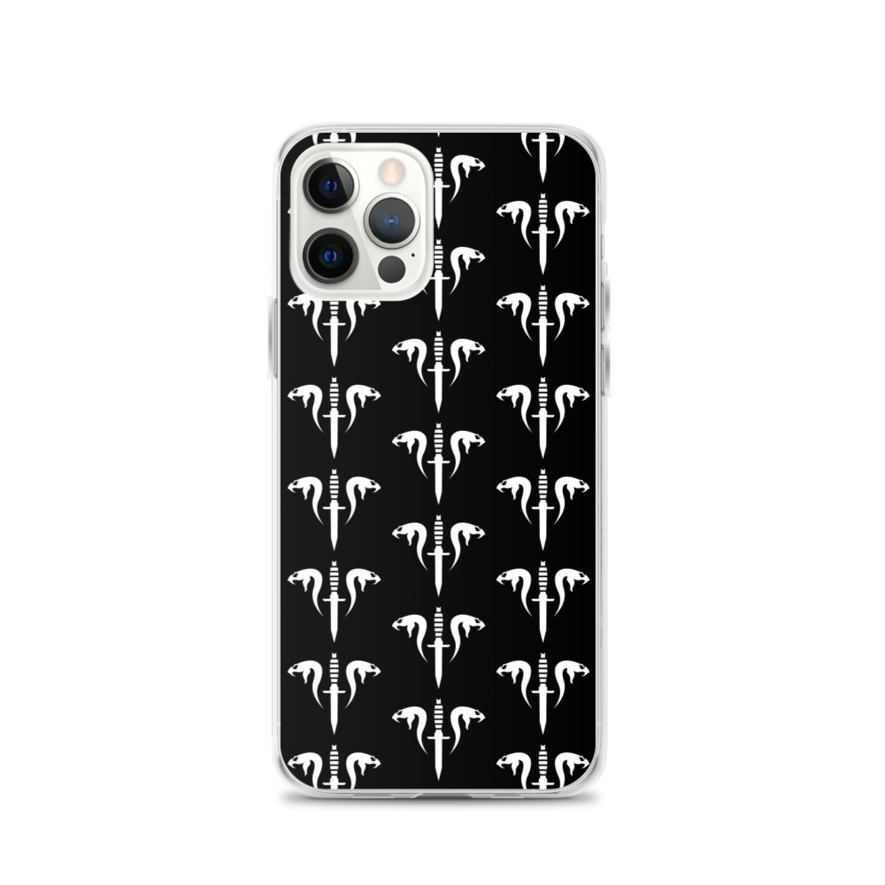 Image of a black Sniper Elite 5 iphone 12 pro case with the Mercenaries faction emblem going down the case in three rows
