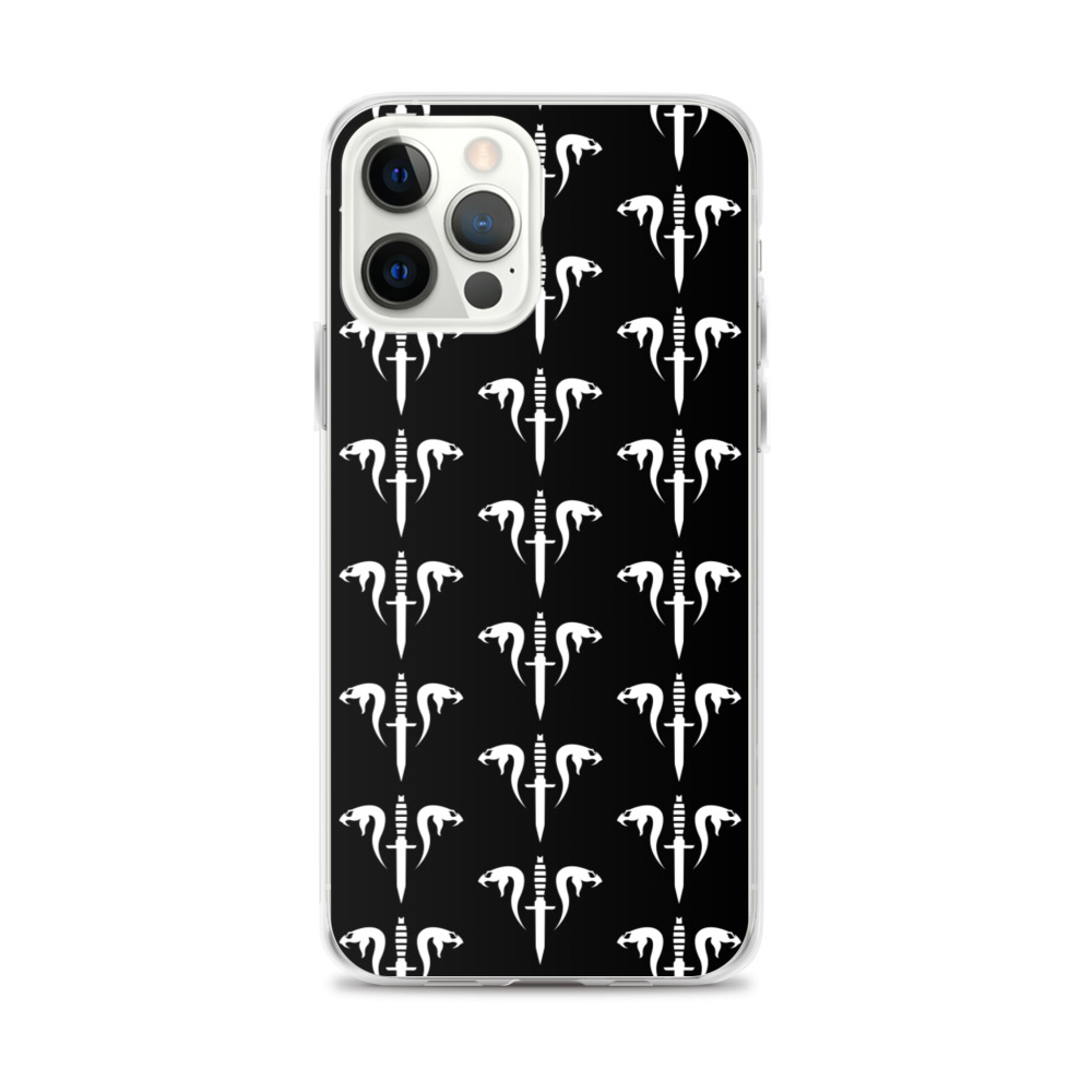 Image of a black Sniper Elite 5 iphone pro max case with the Mercenaries faction emblem going down the case in three rows