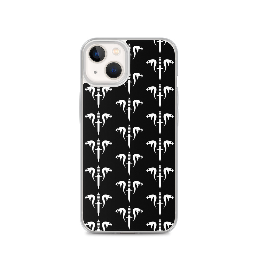 Image of a black Sniper Elite 5 iphone 13 case with the Mercenaries faction emblem going down the case in three rows