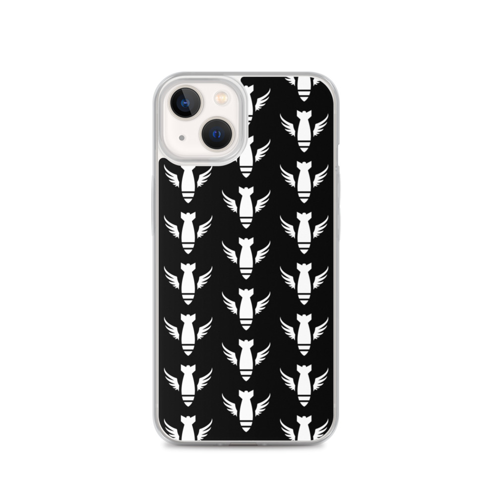 Image of a black Sniper Elite 5 iphone 13 case with the Commandos faction emblem going down the case in three rows
