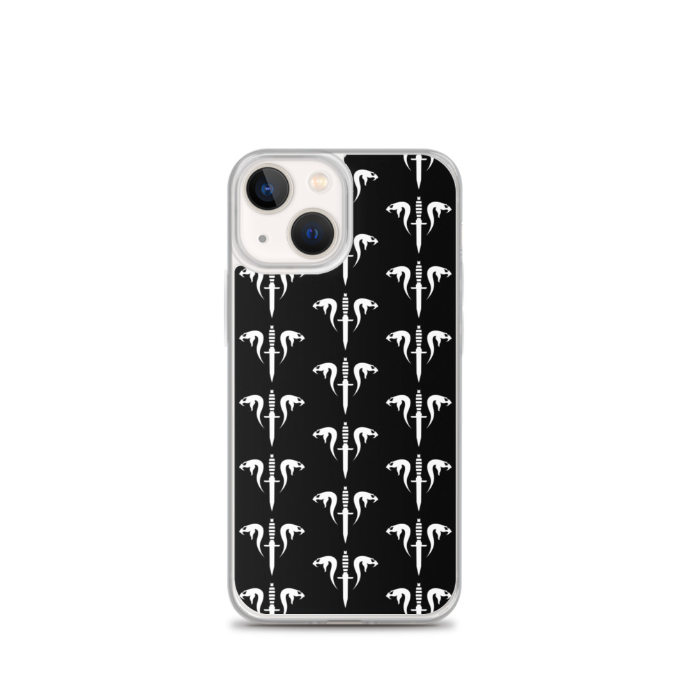 Image of a black Sniper Elite 5 iphone 13 mini case with the Mercenaries faction emblem going down the case in three rows